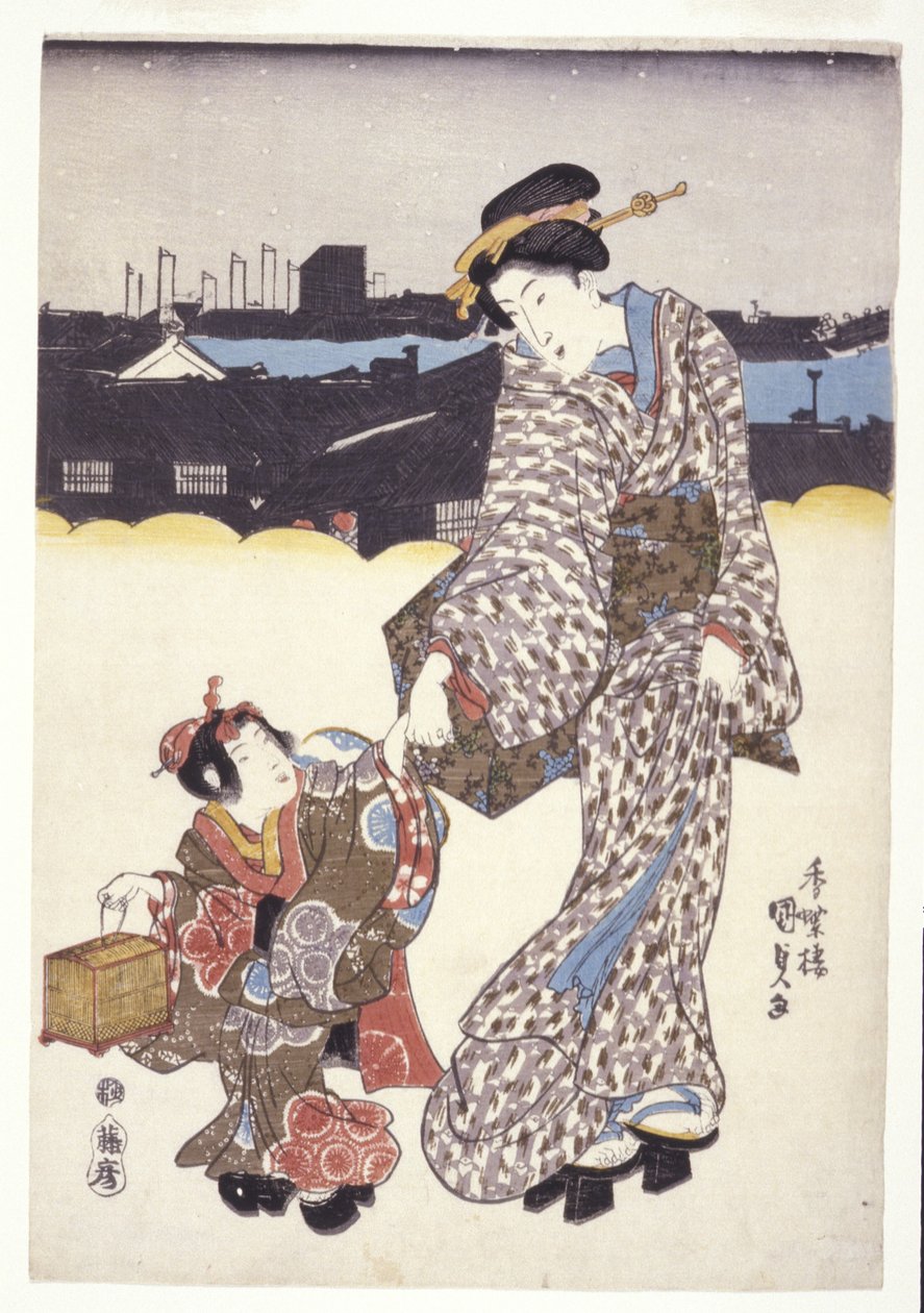 Sem título (Uma mulher e uma criança) (xilogravura colorida) de Japanese School