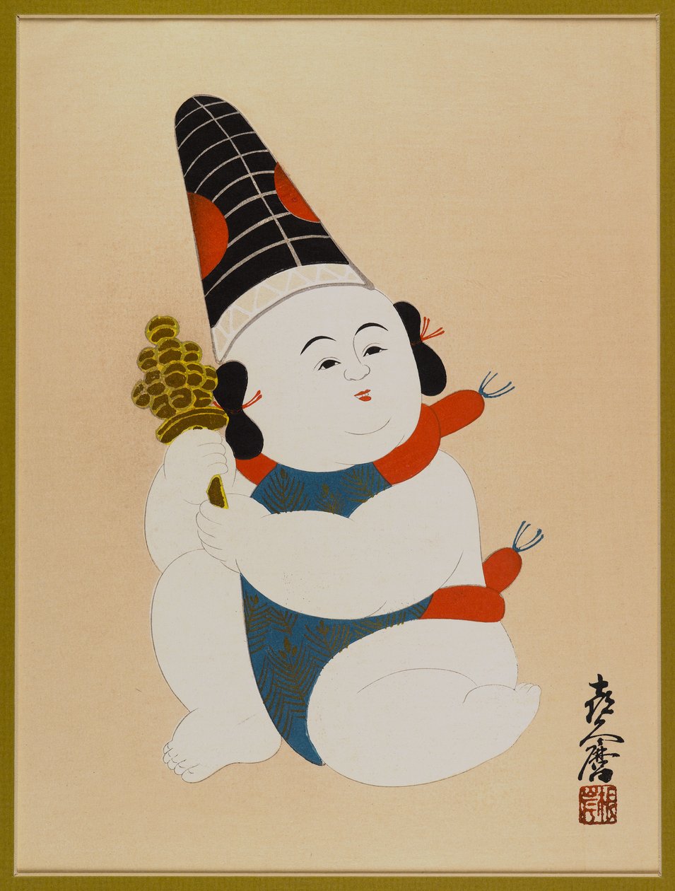 Sem título (Menino sentado, usando chapéu e segurando um brinquedo) (impressão em cores xilogravura) de Japanese School