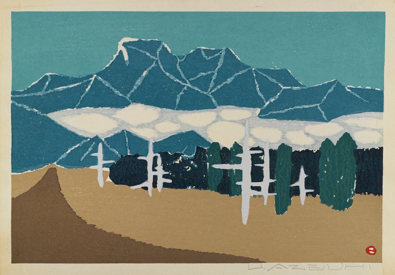 Untitled (Snow Mountain Landscape), atribuído a U. Azeuhi (impressão a cores em xilogravura) de Japanese School