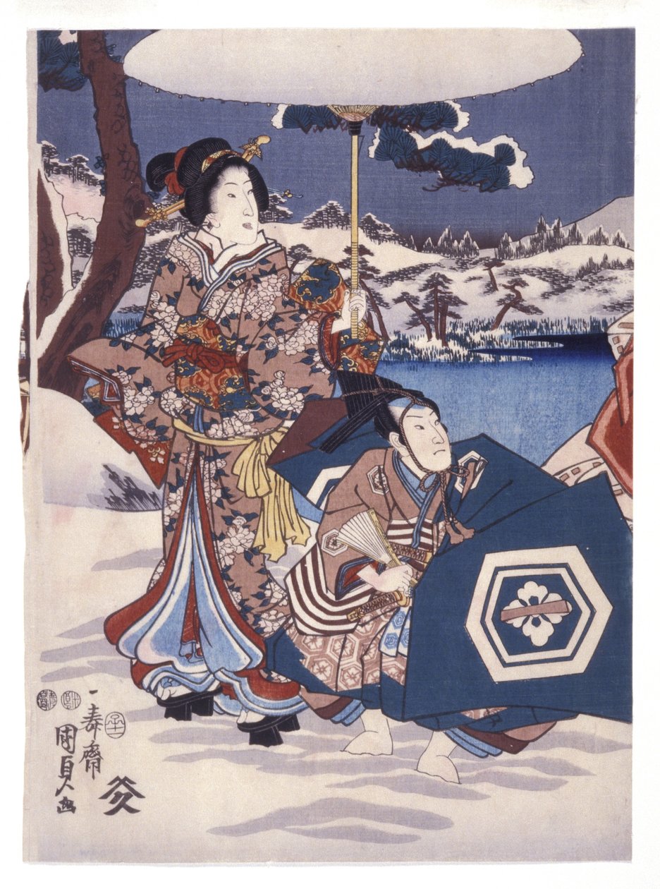Sem título (Duas figuras numa paisagem de neve) (xilogravuras coloridas) de Japanese School
