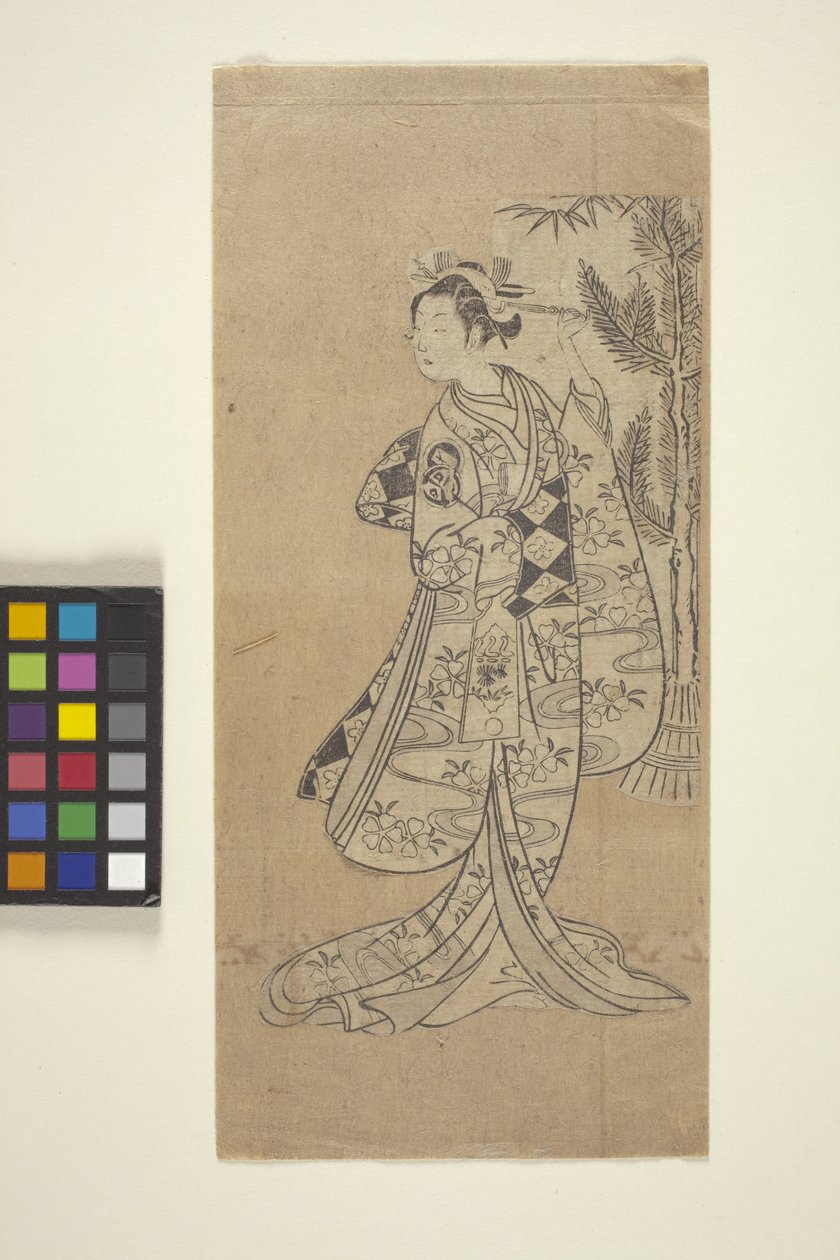 Sem título (Mulher de pé em frente da árvore) (impressão em bloco de madeira a cores) de Japanese School