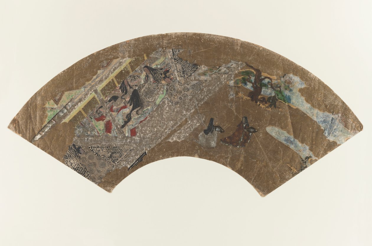 Untitled - Pintura em forma de leque de senhoras sentadas em um pavilhão jogando um jogo, 1603-1868 de Japanese School