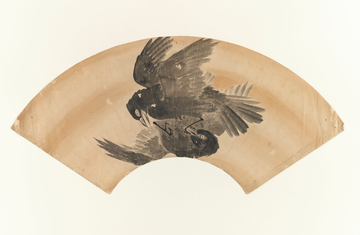 Untitled - desenho em forma de leque de dois pássaros, 1603-1868 (tinta no papel) de Japanese School