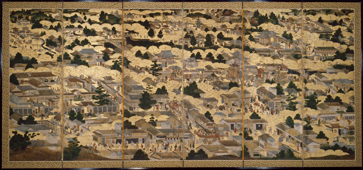 Vistas de Quioto e arredores (Rakuchu rakugai zu), ca.1616-24 (tinta, cor e folha de ouro sobre papel) de Japanese School