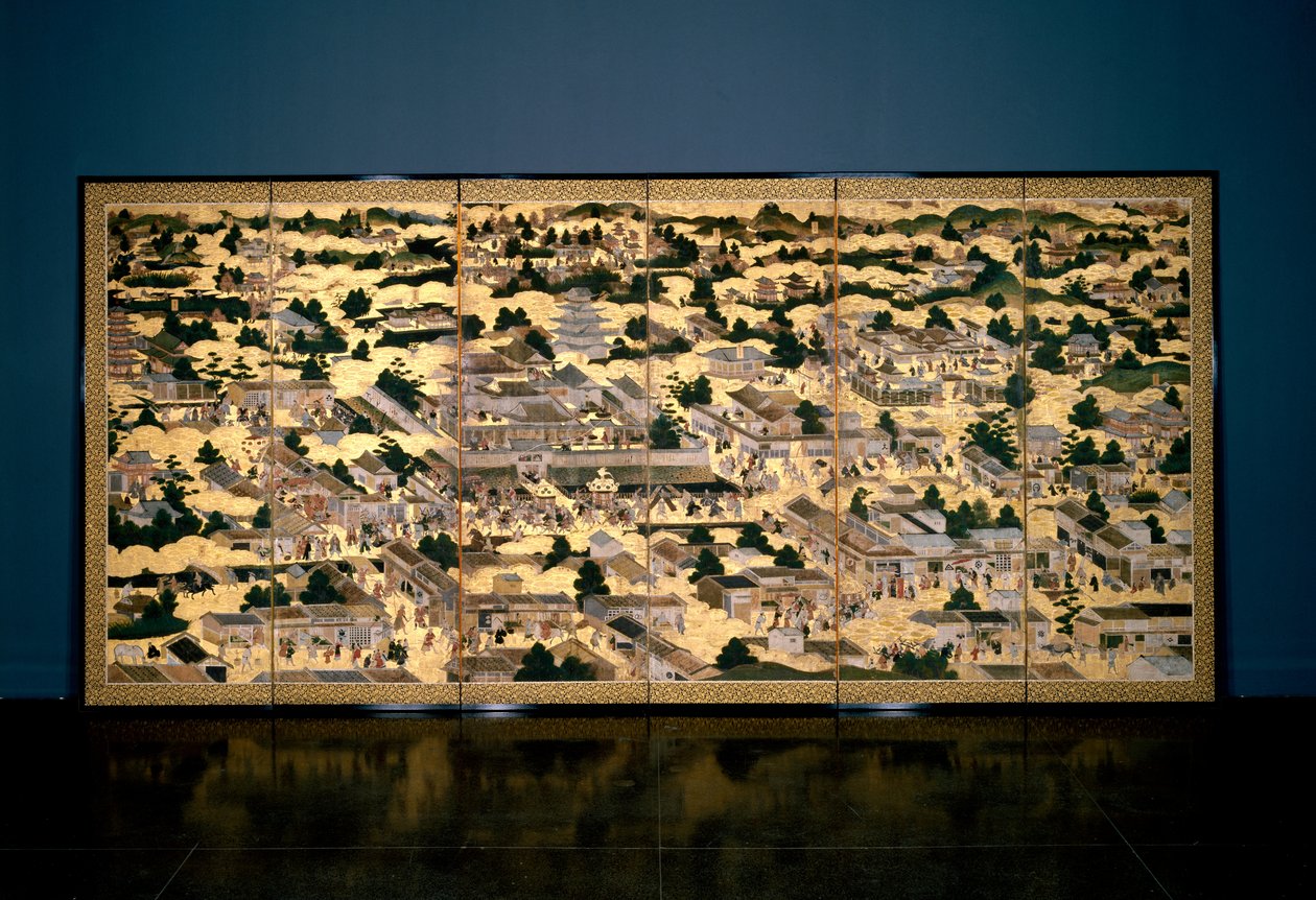 Vistas em e ao redor de Kyoto, período Edo, c.1616-24 (tinta, cor e folha de ouro sobre papel) de Japanese School