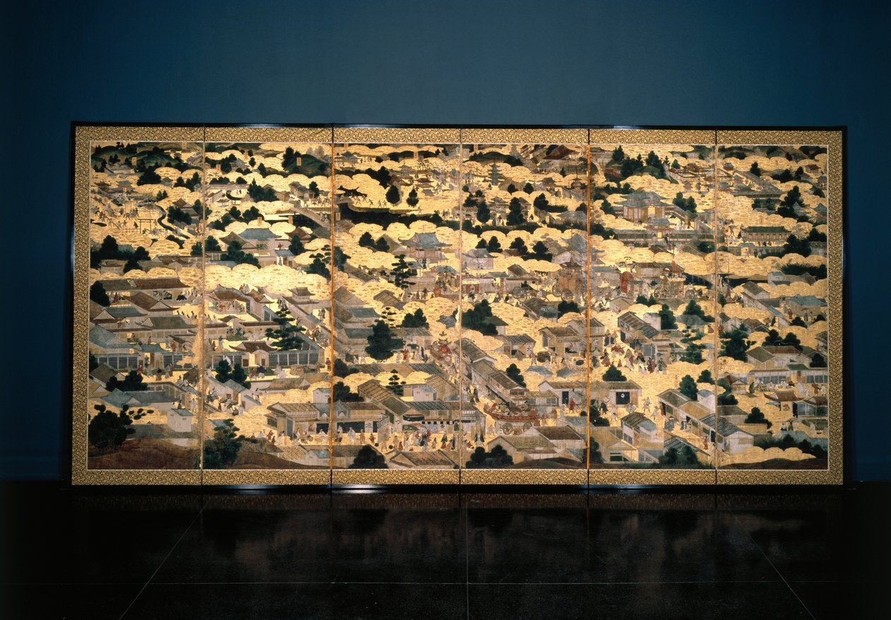 Vistas em e ao redor de Kyoto, período Edo, c.1616-24 (tinta, cor e folha de ouro sobre papel) de Japanese School