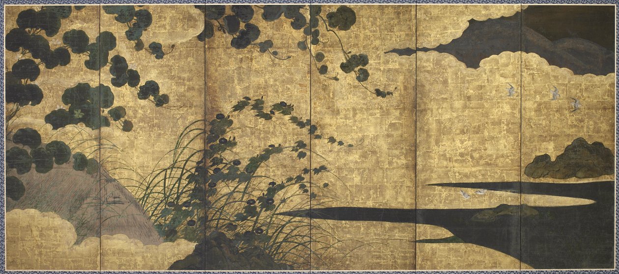Videiras, cabana, gramíneas e aves costeiras, período Momoyama, 1568-1615 (ouro, tinta e cor sobre papel) de Japanese School