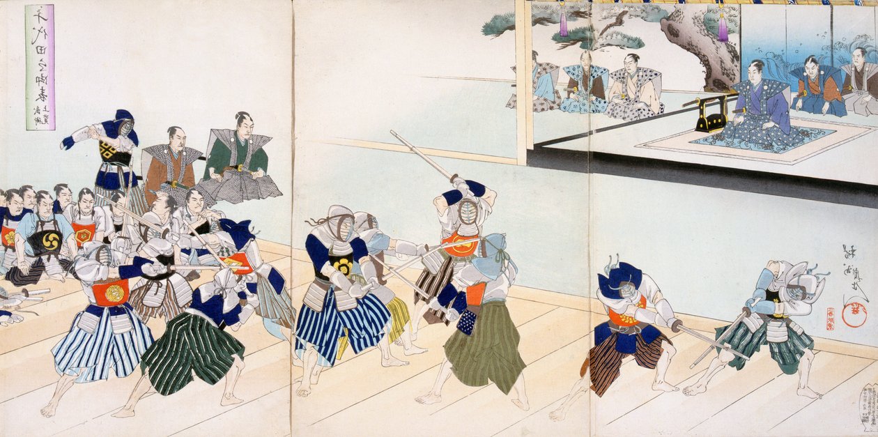 Warlord observa Samurai praticando seu Swordplay (impressão em xilogravura colorida) de Japanese School