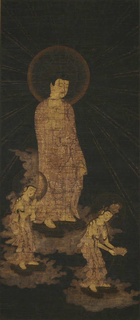 Aconchegante descida da tríade Buda de Amida (ouro e cor em seda tingida de índigo) de Japanese School