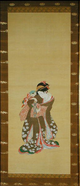Mulher e criança (caneta e tinta em seda) de Japanese School