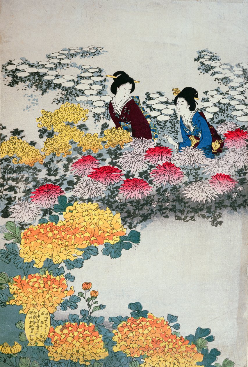 Mulheres em um jardim florido (impressão de woodblock de cor) de Japanese School