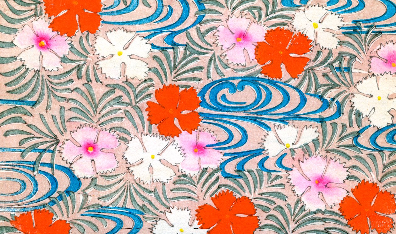 Impressão em blocos de madeira de flores de cravos de Japanese School