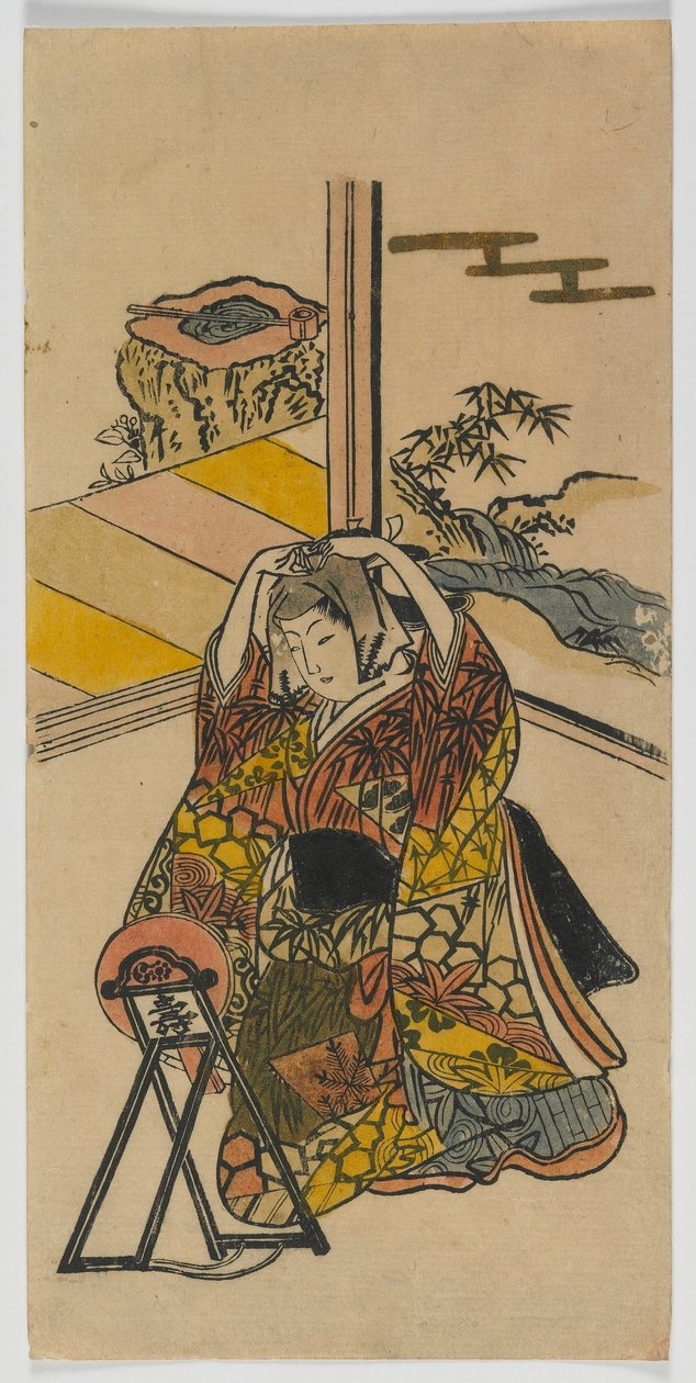 Mulher jovem, ajoelhando, ao lado, um, espelho, Edo, período, 1720s, (color woodblock, print) de Japanese School
