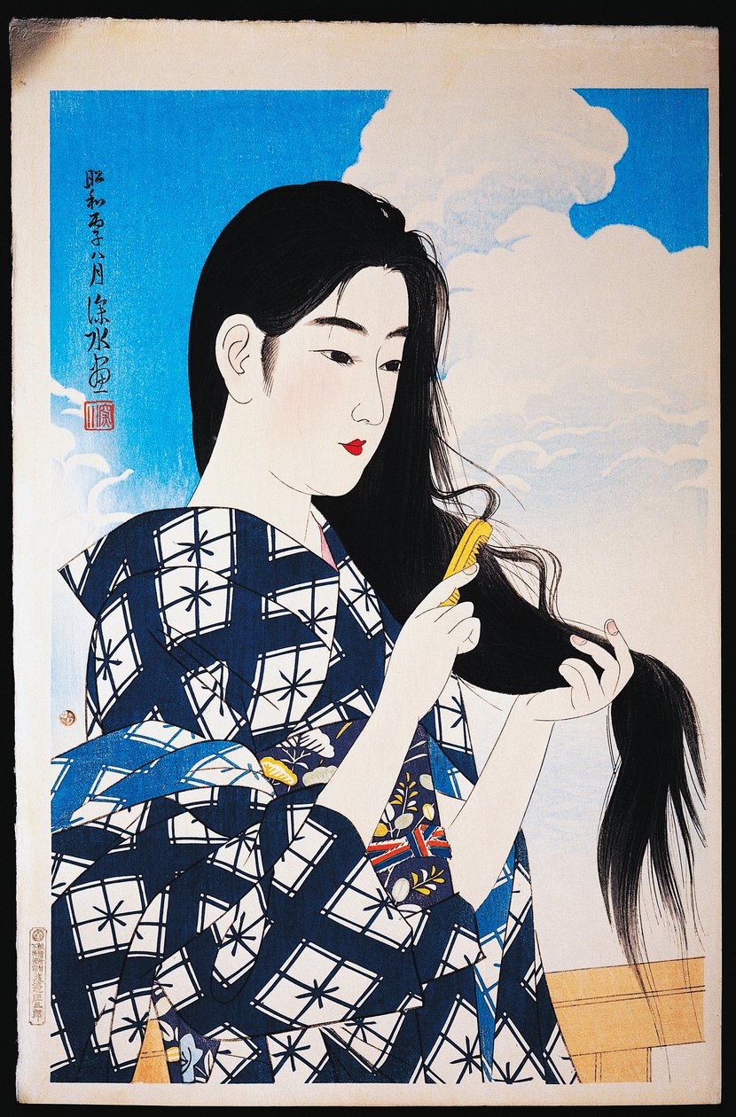 Jovem mulher a pentear o seu cabelo de Japanese School