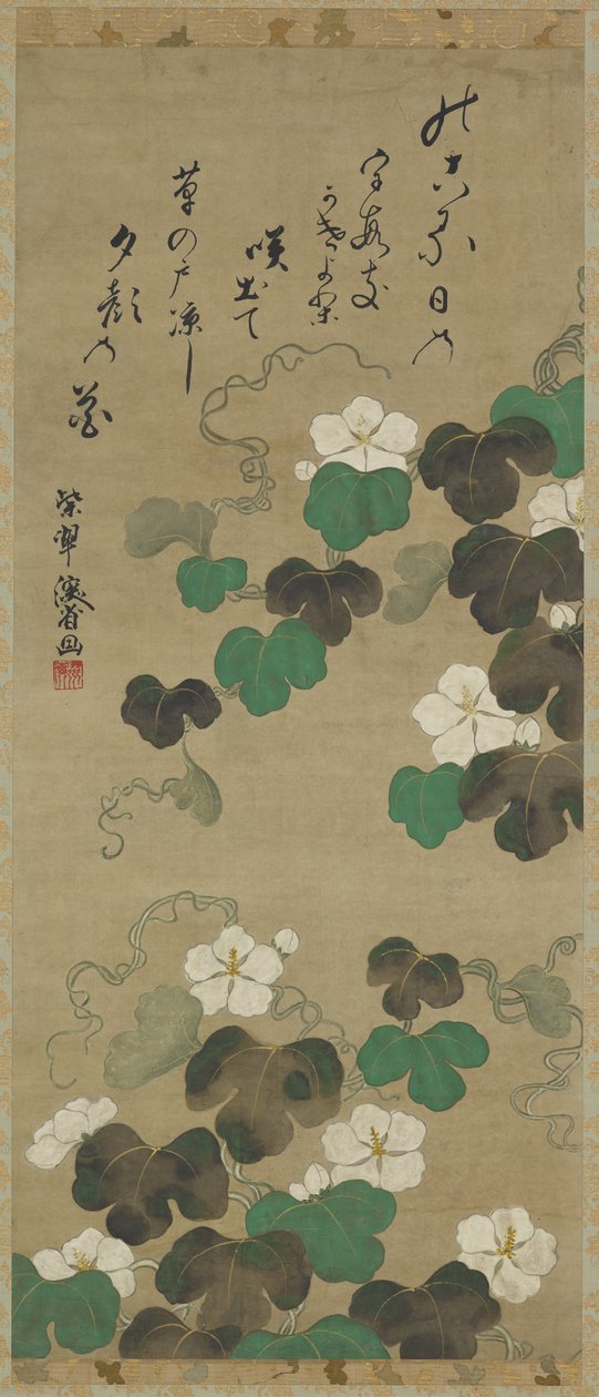 Yugao videiras e um poema, Rolo de suspensão (montado no painel), do século 18 ao 19 (cor no papel) de Japanese School