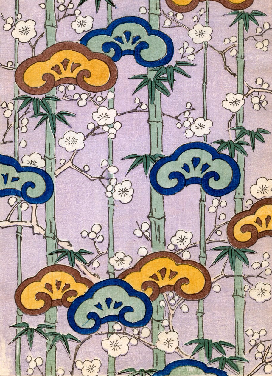 impressão em bloco de madeira a cores de Bambu e Flores de Cerejeira de Japanese School