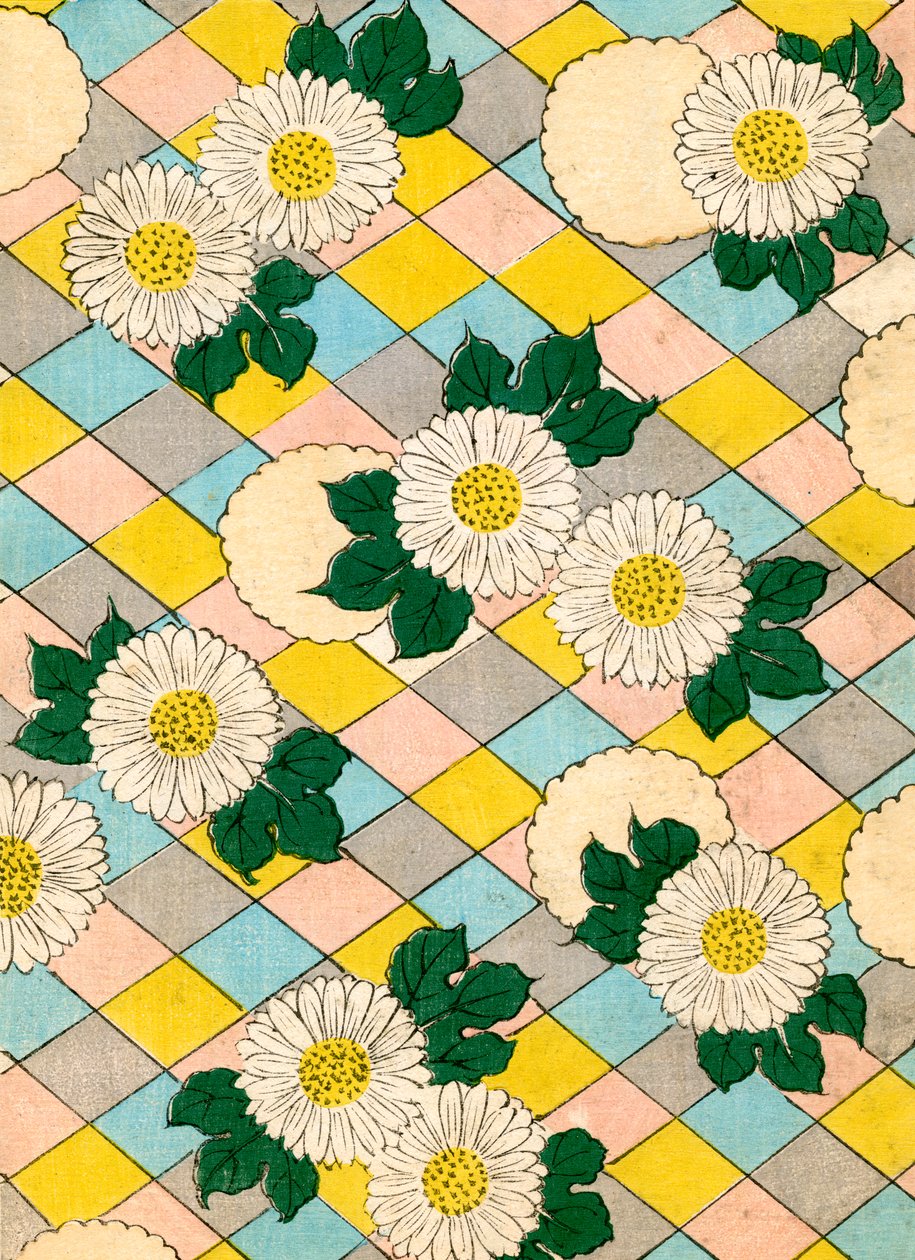 Impressão em bloco de madeira a cores de Flores de Crisântemo de Japanese School