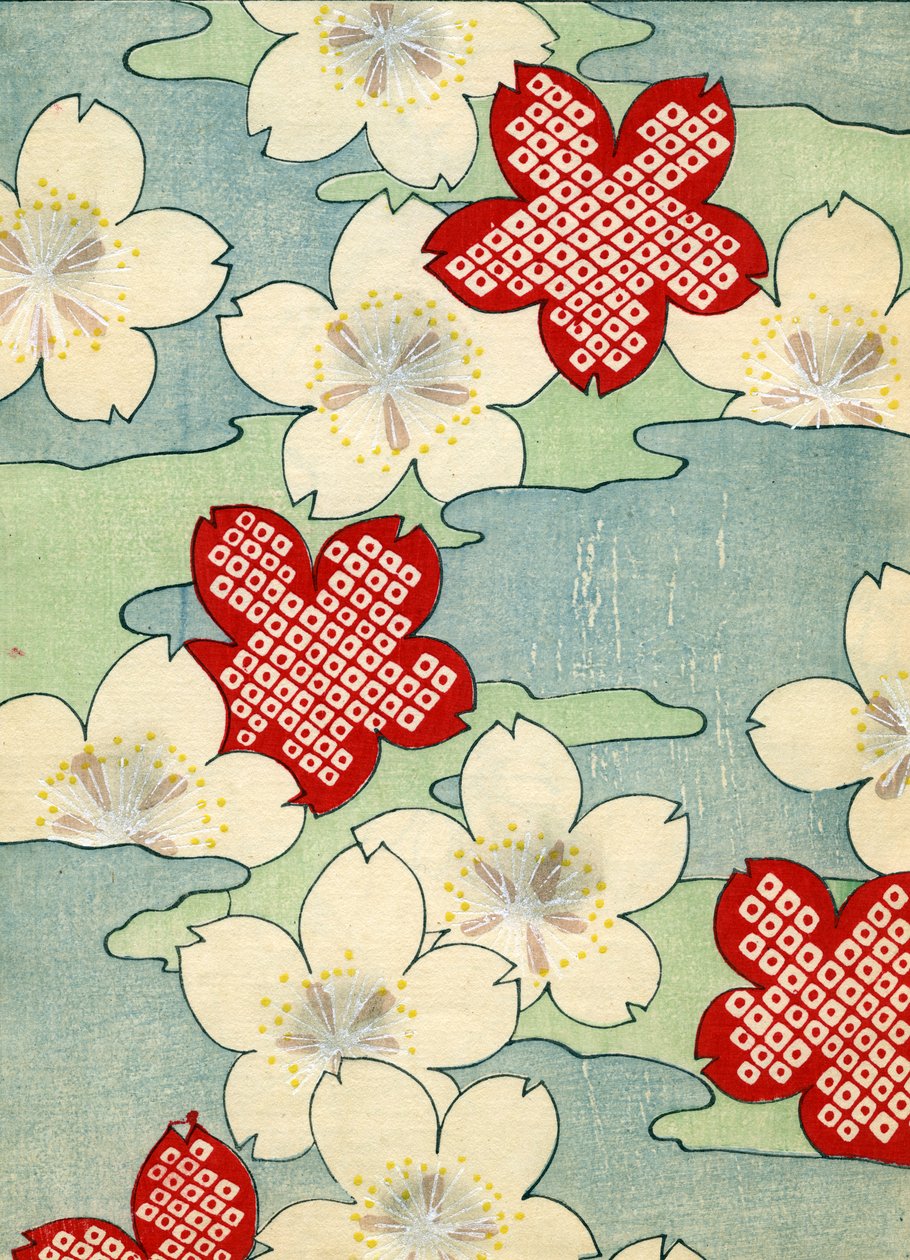 impressão em bloco de madeira colorida de Dogwood Blossoms de Japanese School
