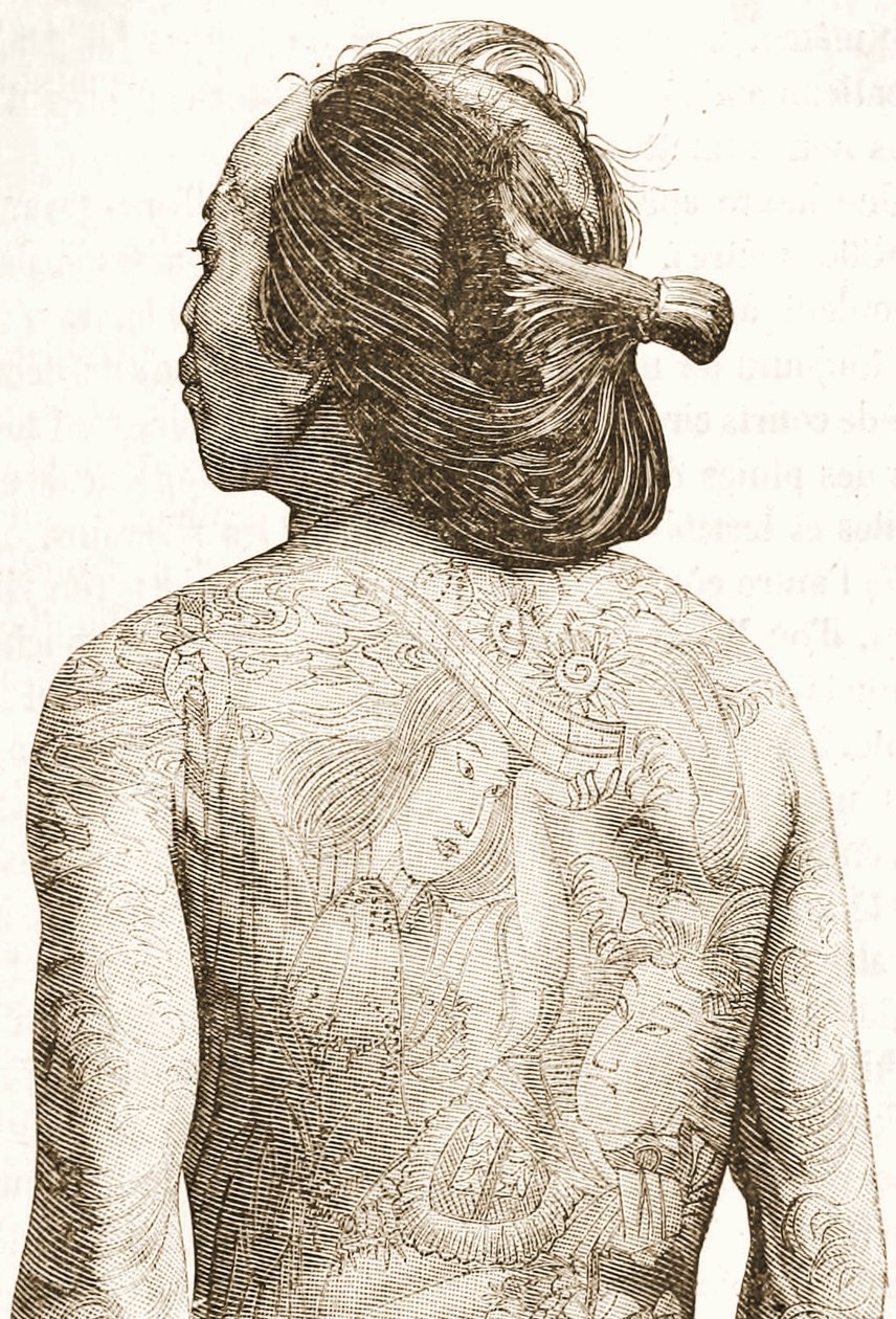 homem com tatuagens tradicionais japonesas Irezumi, c.1880 de Japanese School