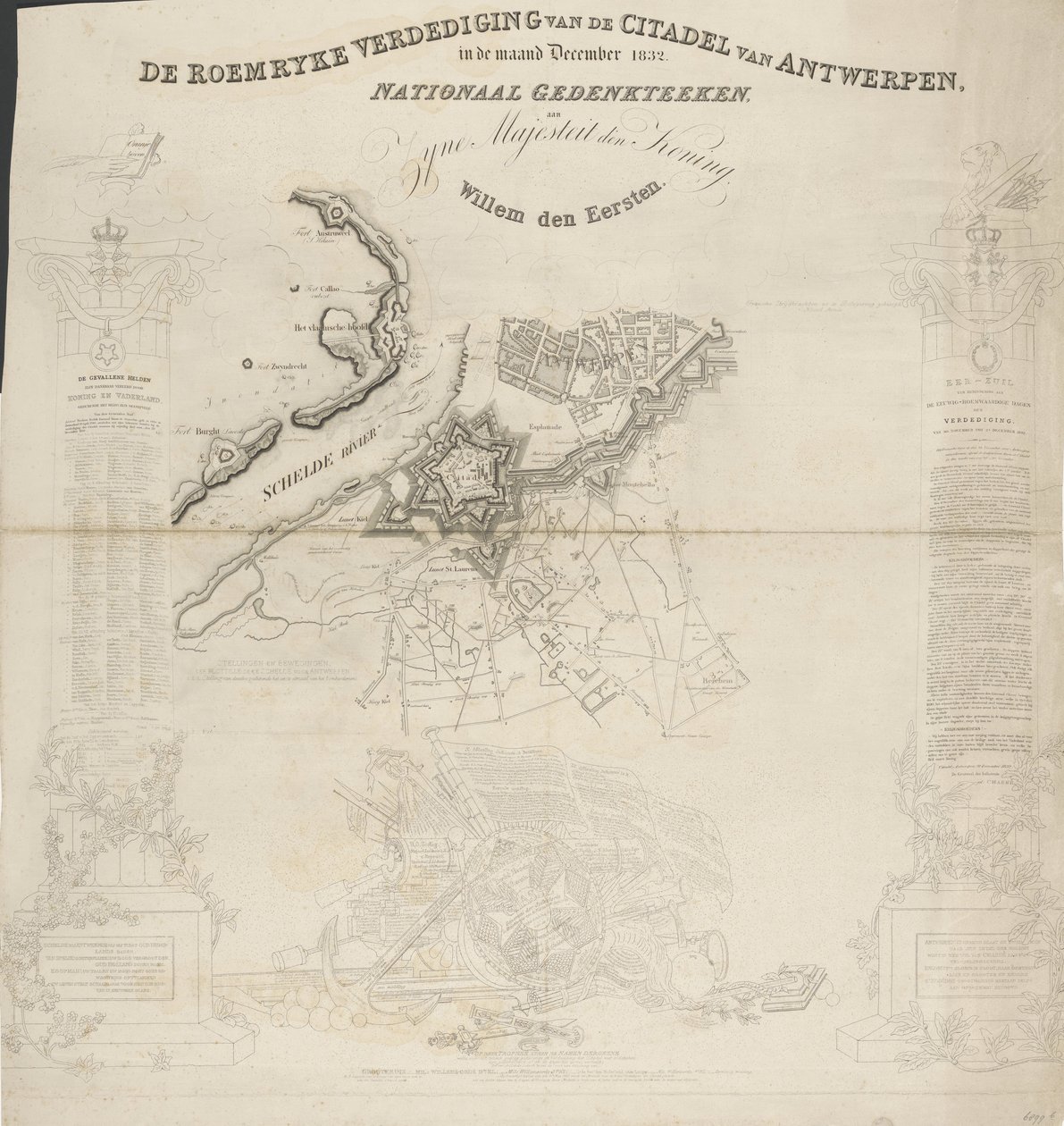 A Defesa Roemryke da Cidadela de Antuérpia, no mês de dezembro de 1832. Memorial Nacional, a Sua Majestade o Rei, Willem den Eerste (título no objeto) de Ja.s Wyld