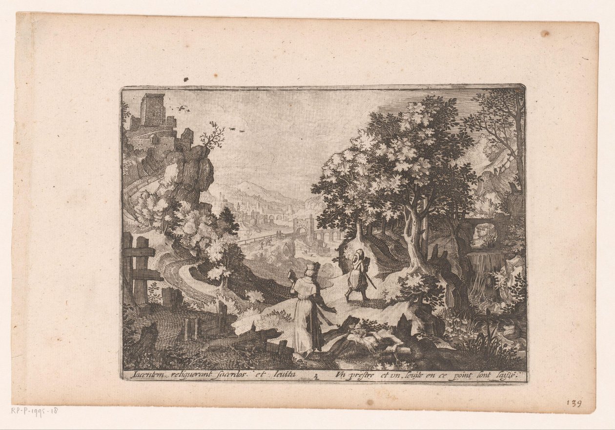 Paisagem com história do Bom Samaritano: o sacerdote e o levita passam a vítima e deixam-na ali deitada
História do Bom Samaritano (título da série) de Jaspar de Isaac (attributed to)