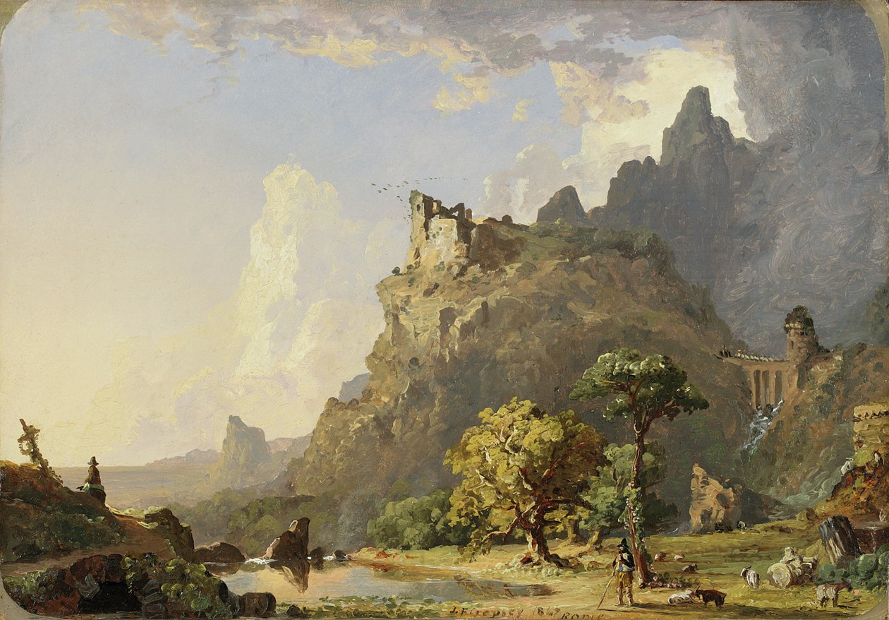 Paisagem italiana perto de Roma: Estudo para o córrego da montanha, 1847 (óleo sobre papel, colocado sobre tela) de Jasper Francis Cropsey