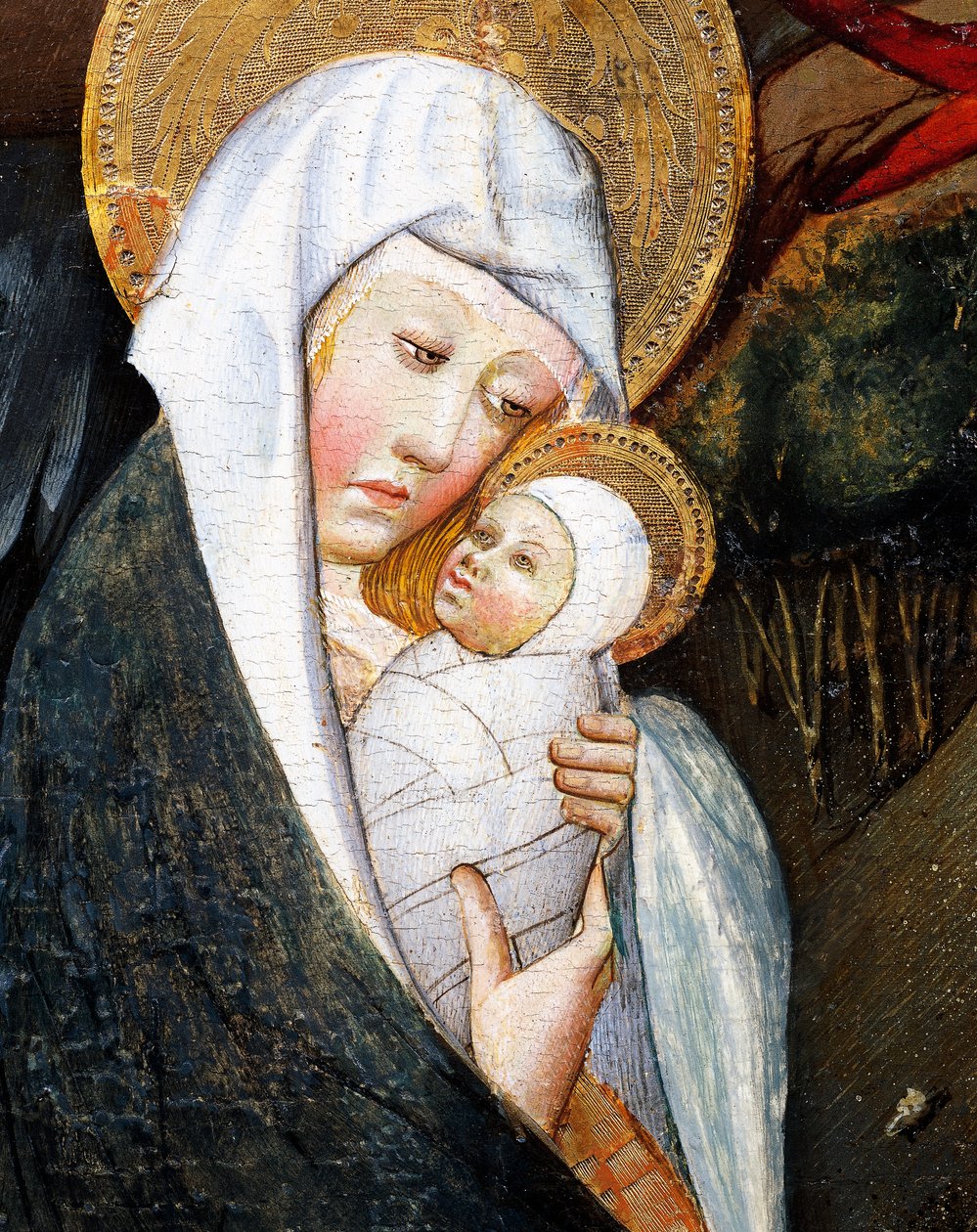 Maria e Criança, detalhe de Flight into Egypt, retábulo de Verdu de Jaume Ferrer
