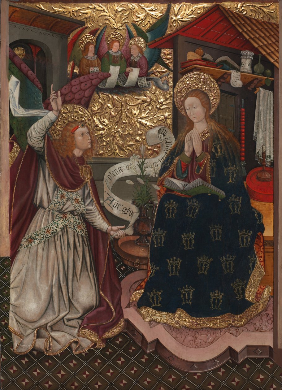 A Anunciação e a Natividade, c.1457 (óleo, têmpera e ouro sobre painel de madeira) de Jaume Ferrer