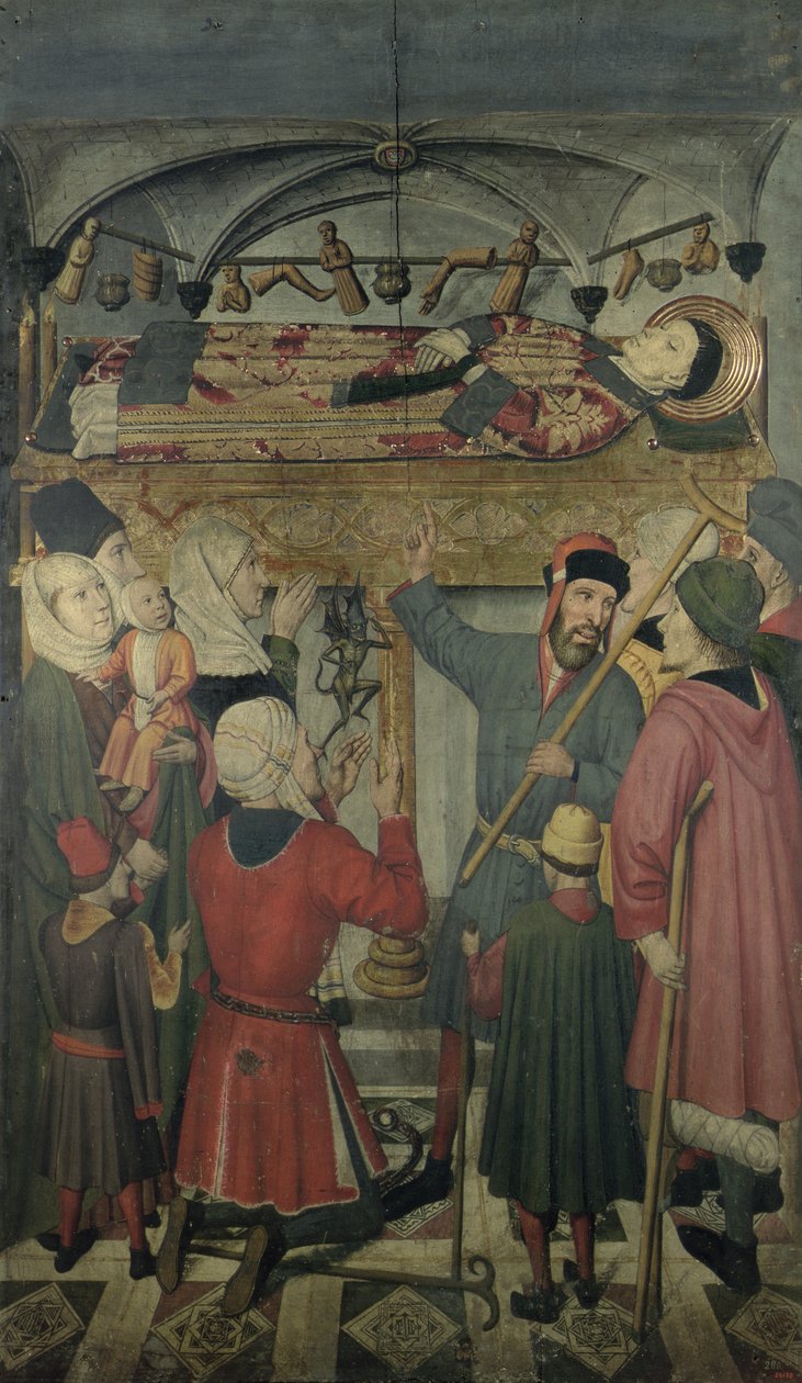 Exorcismo de um homem possuído sob o Túmulo de São Vicente de Saragoça (d.304) do Altar de São Vicente de Saragoça de Jaume Huguet