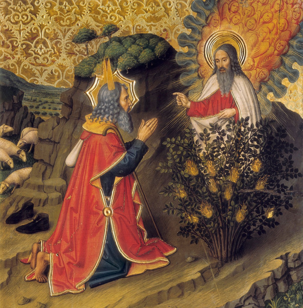 Moisés e o arbusto em chamas (tempera sobre madeira) de Jaume Huguet
