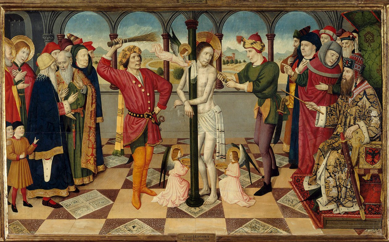O açoitamento de Cristo perante Pôncio Pilatos. Detrempe na madeira por Jaume (= Jaime) Huguet o Ancião (1415-1492). Dim. 0,92 x 1,56 m. de Jaume Huguet