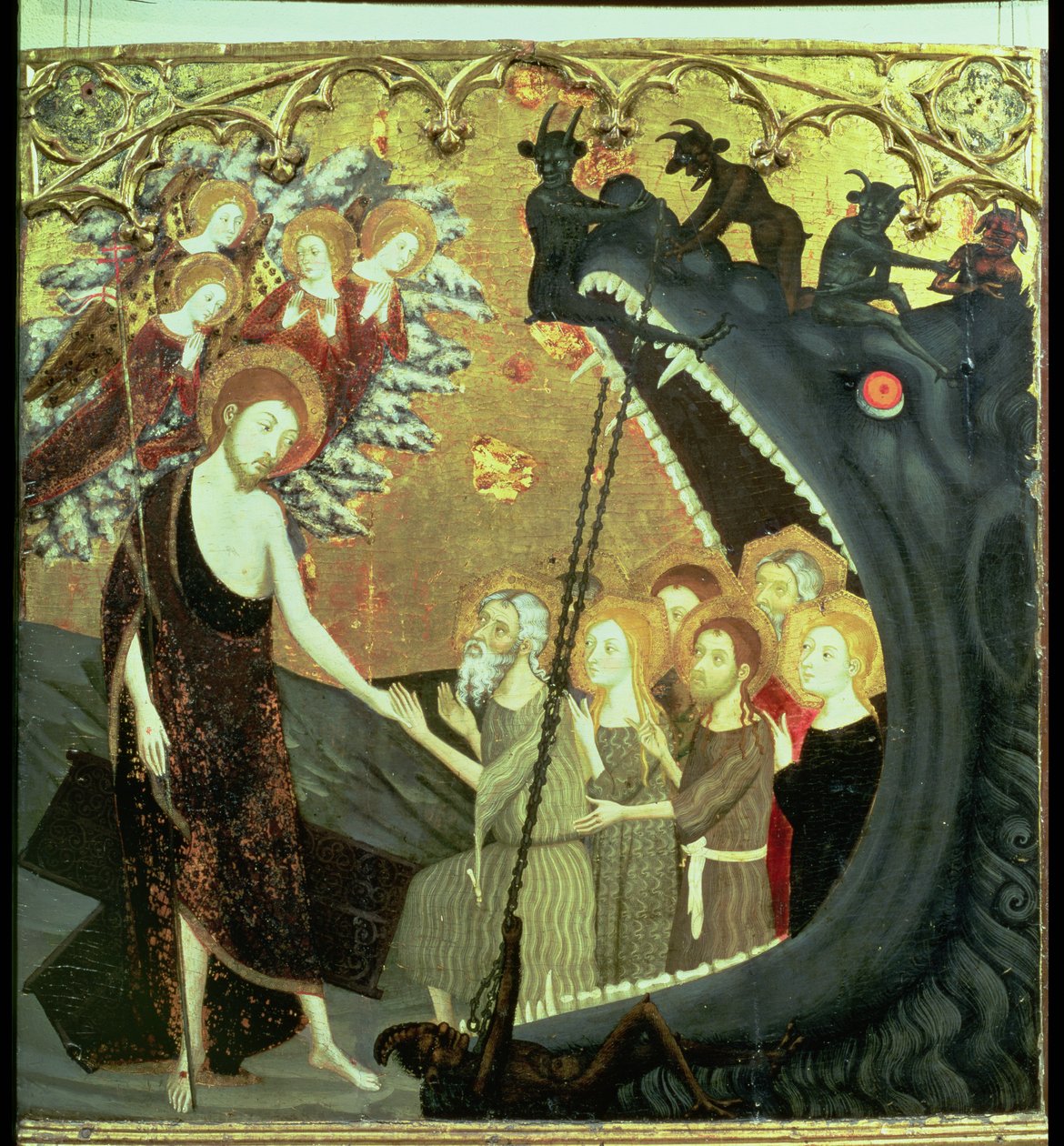 Painel da descida ao Limbo, do retábulo do convento de Santo Sepulchro, Saragoça (tempera no painel) de Jaume Serra