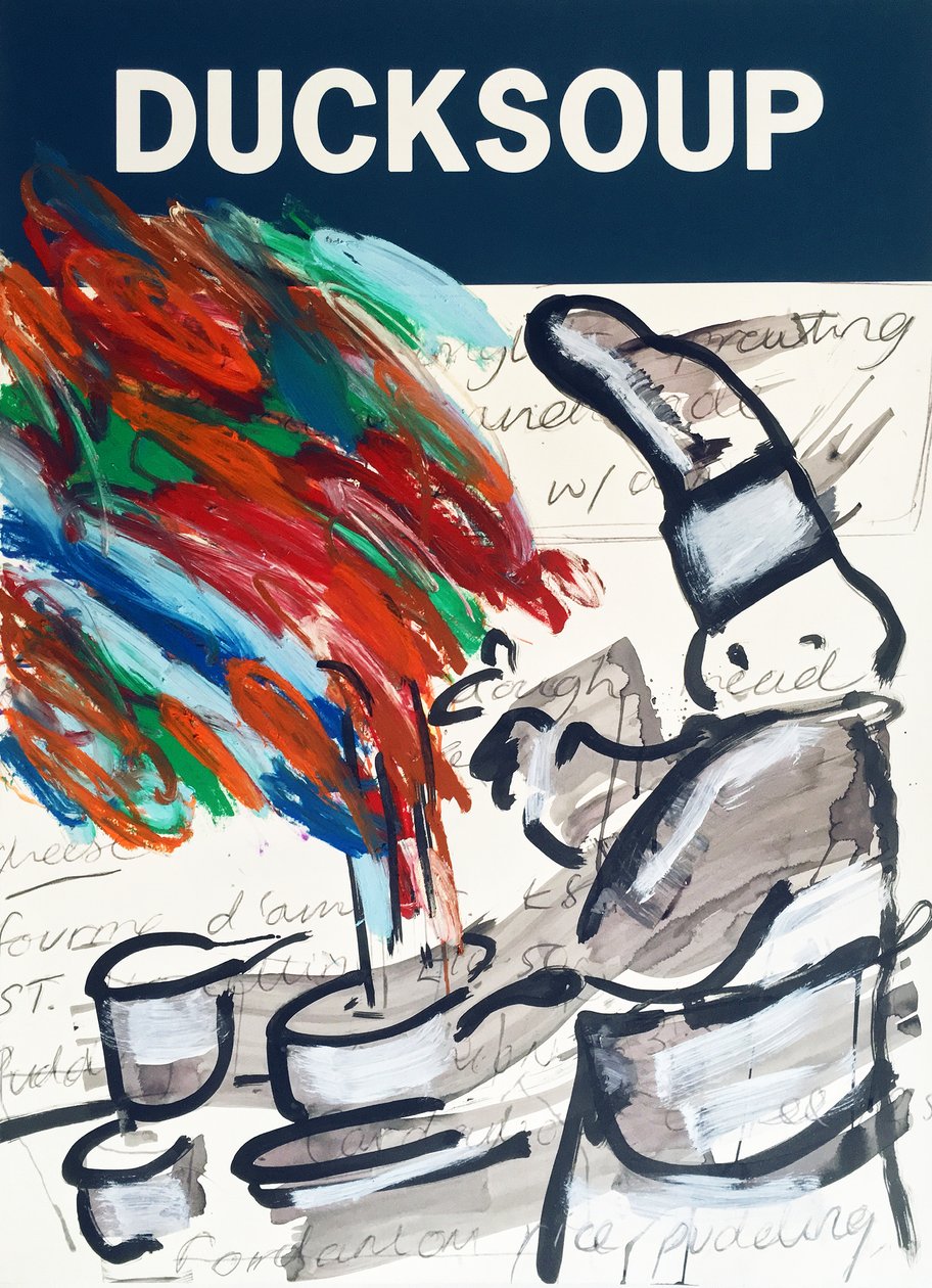 Almoço do artista, 2017 (técnica mista sobre papel para aguarela montado num painel com receita no verso) de Jay Batlle