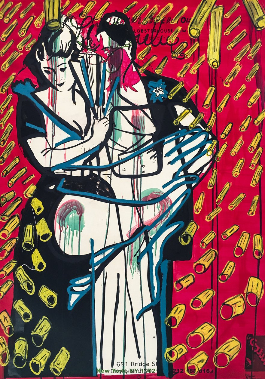 Rigatoni Rain Romance, 2016 (técnica mista sobre papel para aguarela montado num painel com receita no verso) de Jay Batlle