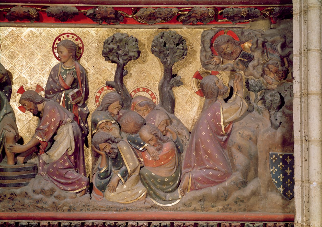 Detalhe de Cristo lavar os pés dos Apóstolos no jardim de azeitonas, 1340-51 pintado de pedra de Jean and Jean Le Boutellier Ravy