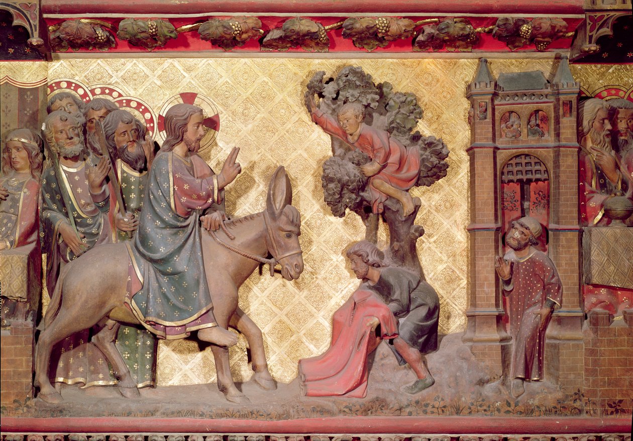 Detalhe da entrada de Cristo em Jerusalém, 1340-51 pintado de pedra de Jean and Jean Le Boutellier Ravy