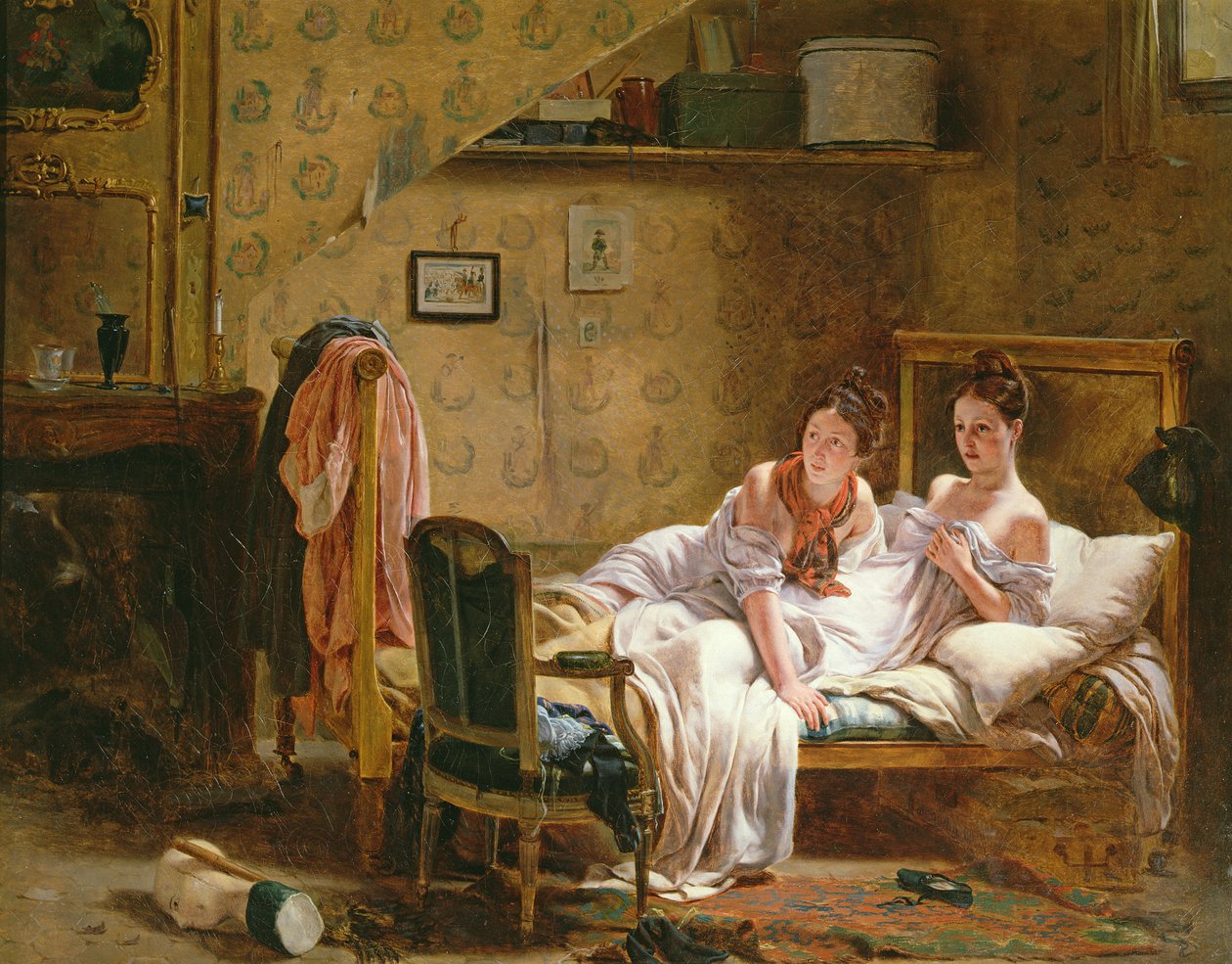 Duas mulheres em uma cama perturbada por um gato de Jean Alphonse Roehn