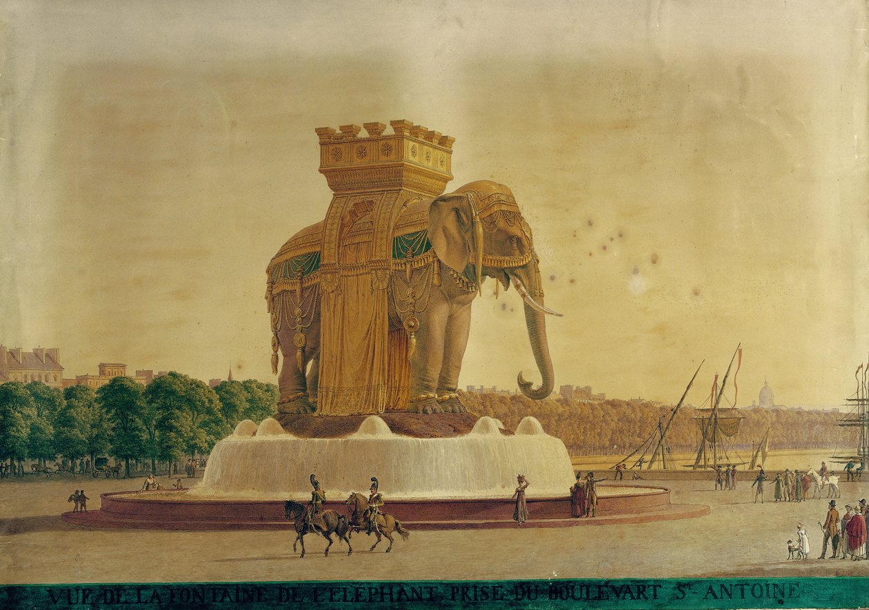 Vista da fonte do elefante na Place de la Bastille, c.1805-1810 (wc no papel) de Jean Antoine Alavoine