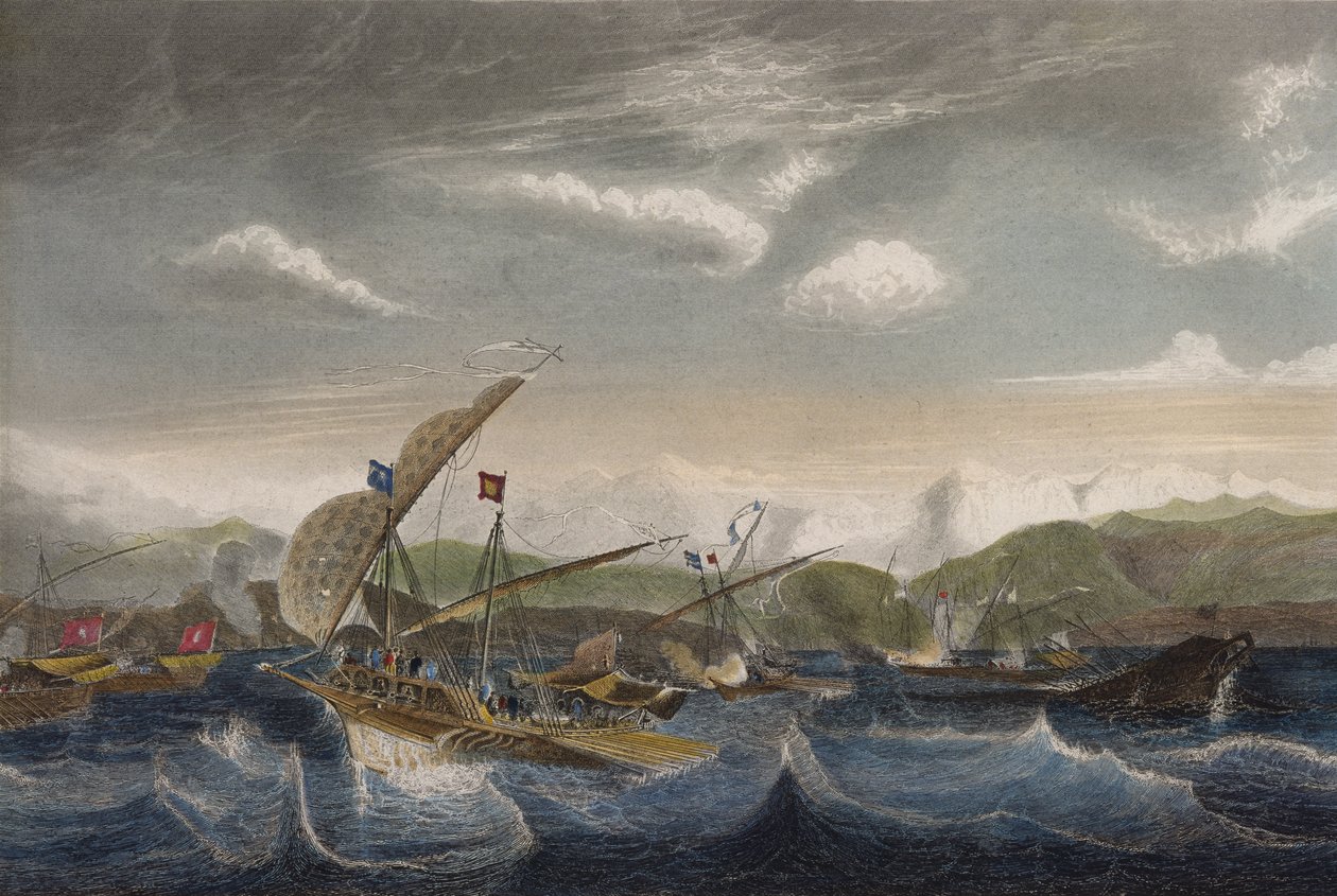 Andrea Doria dispersando a frota espanhola à frente da boca de Var em 1524 (gravura a cores) de Jean Antoine Theodore Gudin