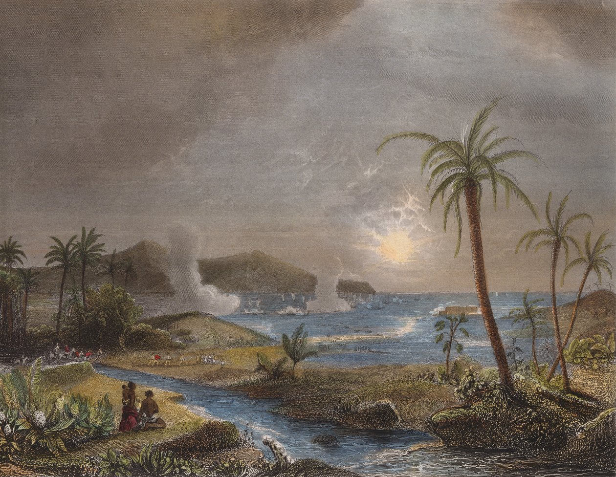A batalha da Martinica em 1674, gravada por Chavane (gravura a cores) de Jean Antoine Theodore Gudin