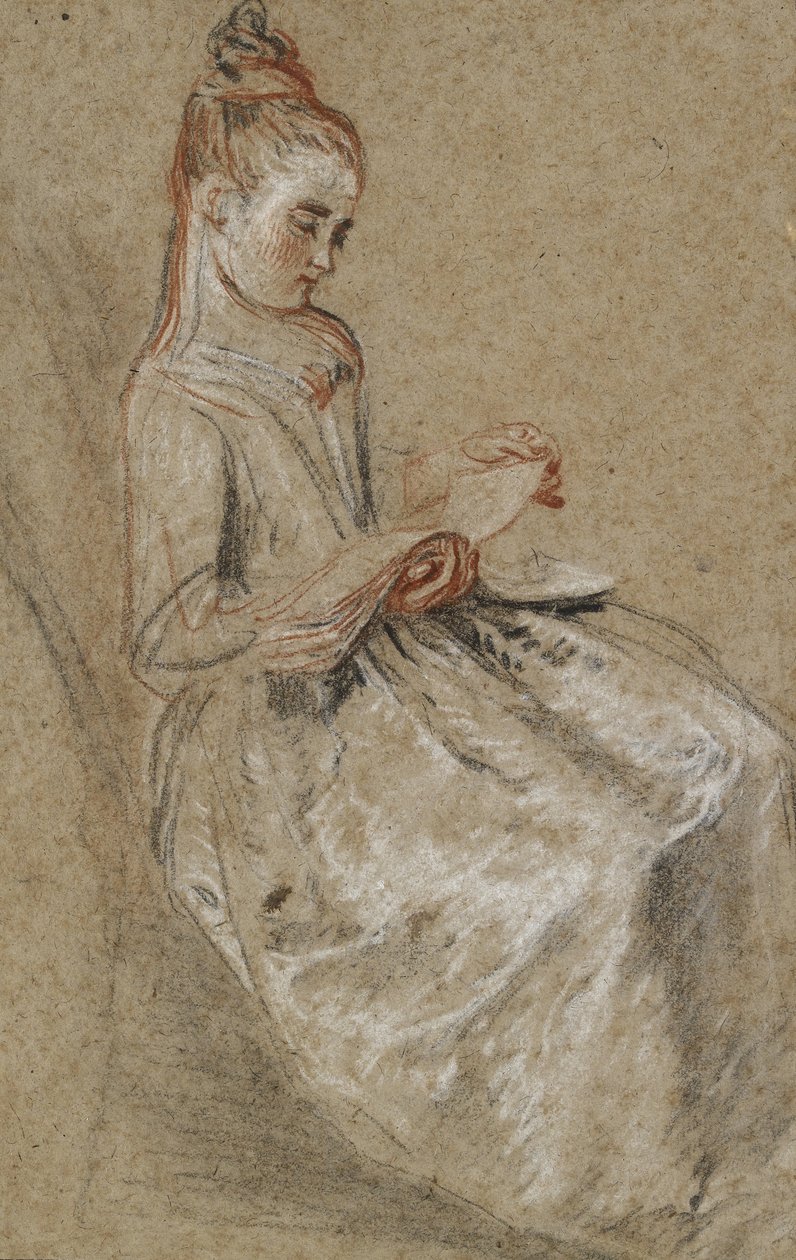 Menina sentada com um livro de música em seu colo (giz preto, vermelho e branco em papel marrom de textura grossa) de Jean Antoine Watteau