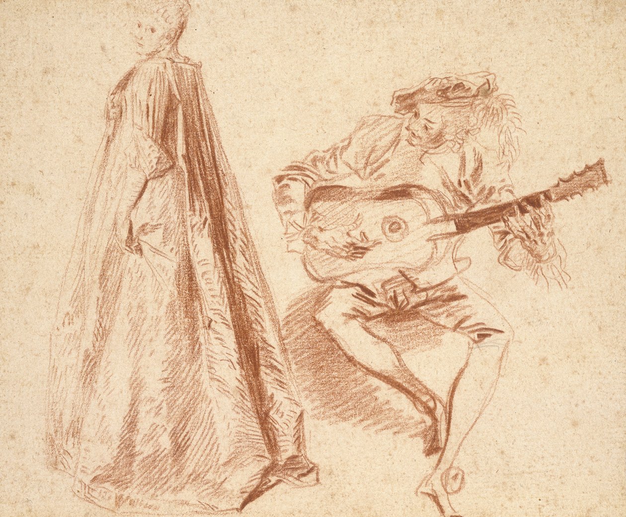 Garota em pé de perfil para a esquerda, olhando por cima do ombro esquerdo, com um homem, à direita, tocando uma guitarra (giz vermelho sobre papel bege pálido, colocado em papel de apoio azul) de Jean Antoine Watteau