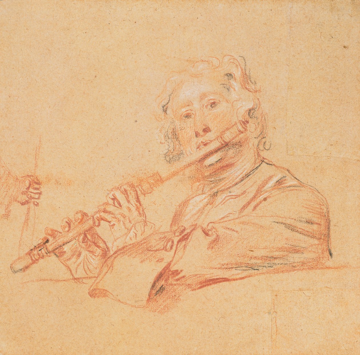 Homem tocando uma flauta, c.1710 (`os três lápis &39;no papel amarelo) de Jean Antoine Watteau