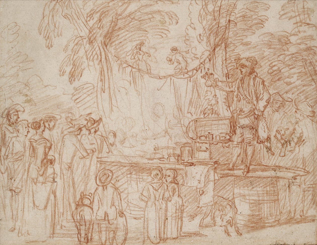Recto; Quack Doctor vendendo suas mercadorias ao ar livre (giz vermelho sobre papel) de Jean Antoine Watteau
