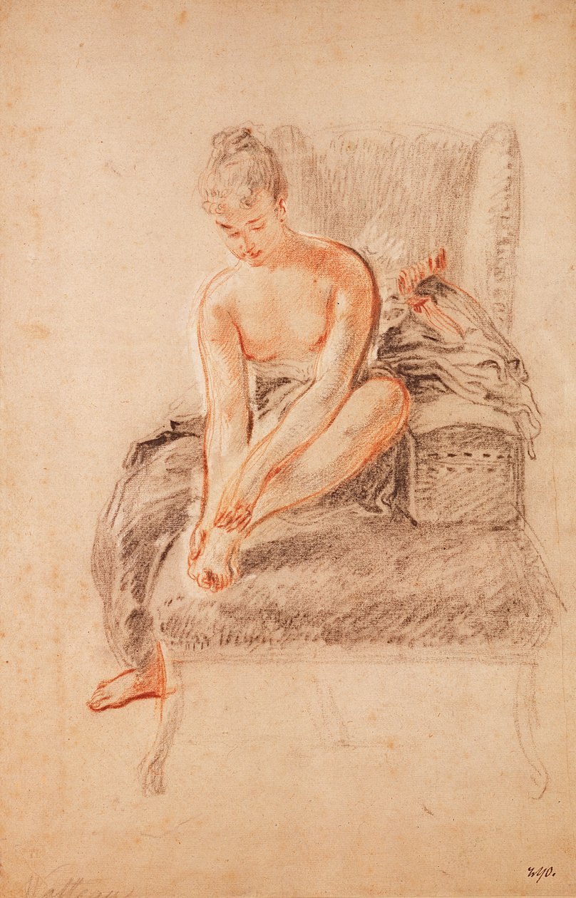 Semi-nude, mulher, sentada, ligado, um, chaise longue, segurando, dela, pé de Jean Antoine Watteau
