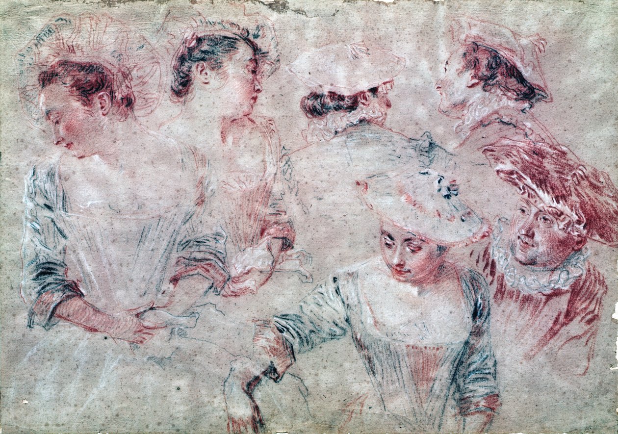 Seis estudos (carvão e giz vermelho sobre papel) de Jean Antoine Watteau