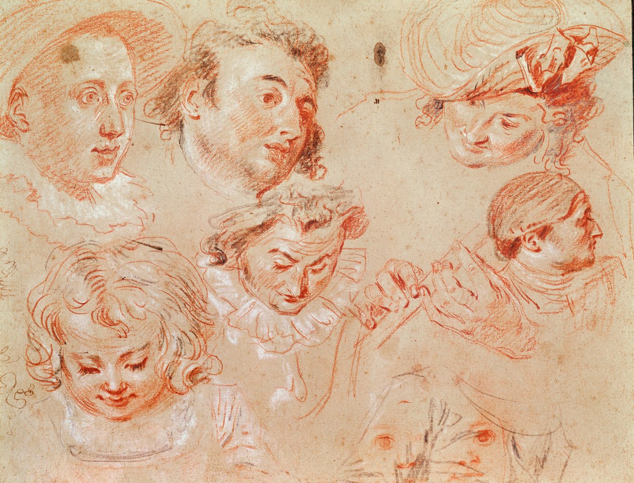 Seis cabeças e duas mãos tocando um instrumento musical (crayon com destaques de carvão) de Jean Antoine Watteau