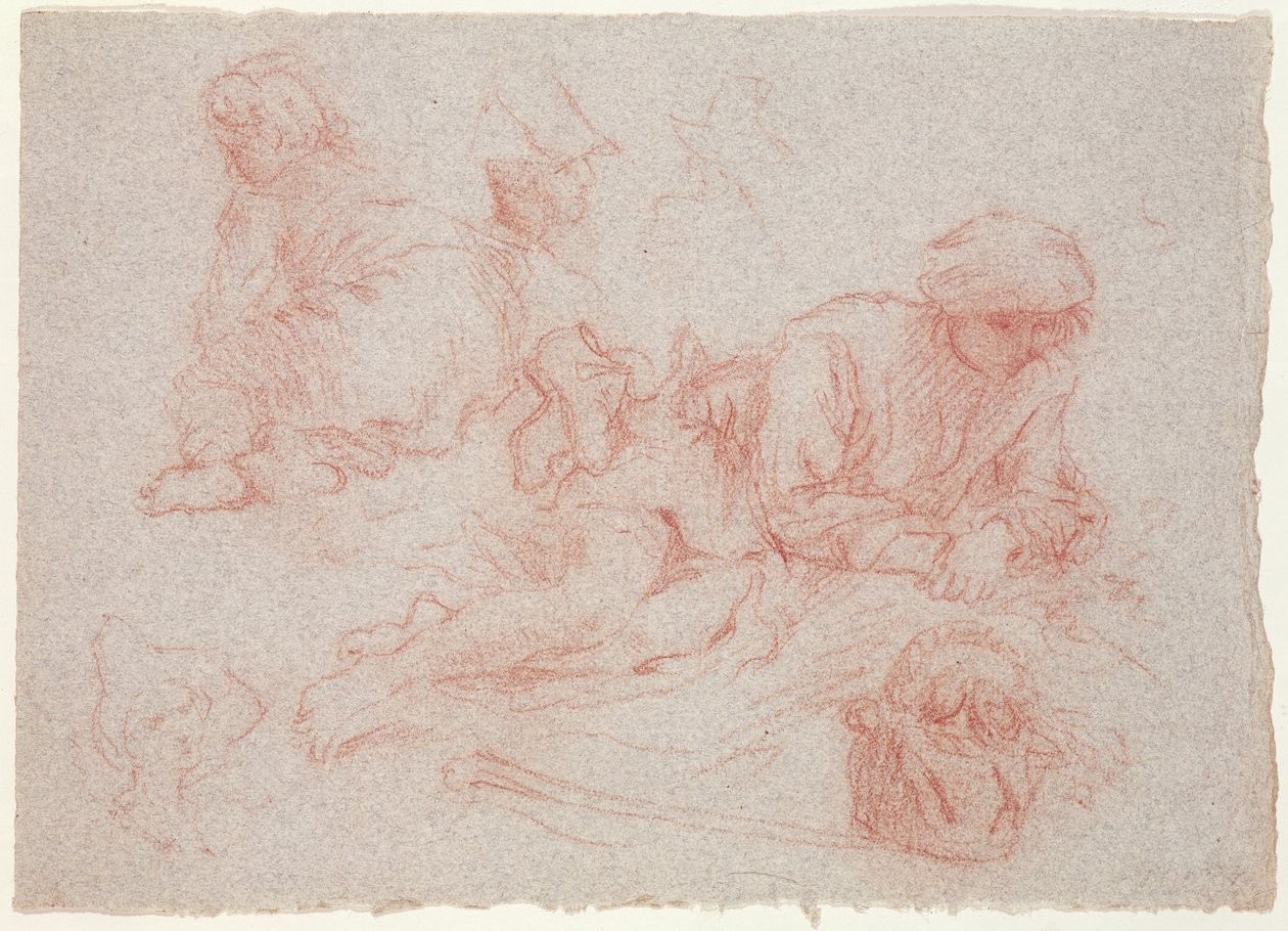 Estudo de um homem reclinado (giz vermelho sobre papel) de Jean Antoine Watteau