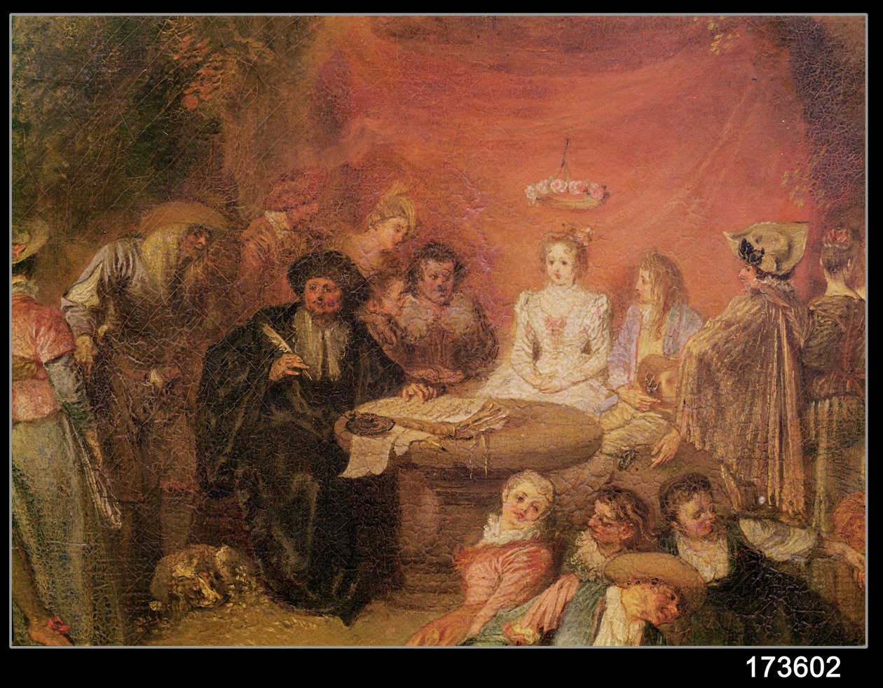 A noiva e noivos tabela, detalhe do contrato de casamento, c.1712-13 (detalhe de 38782) de Jean Antoine Watteau