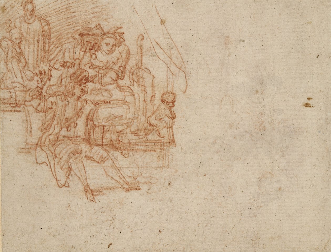 Verso; Quack Doctor sentado no palco, vendendo seus Wares (giz vermelho sobre papel) de Jean Antoine Watteau